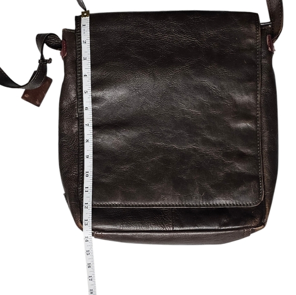 Aged Dark Brown Leather Messenger Bag Green Striped Cloth Lining Tons of Pockets - Picture 15 of 16
